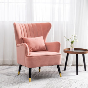 Pink Leisure Velvet Tufted Armchair Metallic Legs with Lumbar Pillow