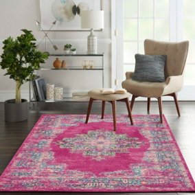 Pink Luxurious Traditional Persian Easy to Clean Bordered Floral Rug For Dining Room-114cm X 175cm