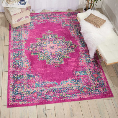 Pink Luxurious Traditional Persian Easy to Clean Bordered Floral Rug For Dining Room-160cm X 221cm