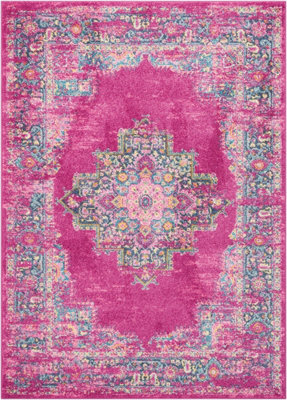 Pink Luxurious Traditional Persian Easy to Clean Bordered Floral Rug For Dining Room-160cm X 221cm - 6