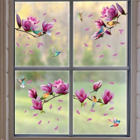 Pink Magnolia Flowers with Birds Spring Window Clings
