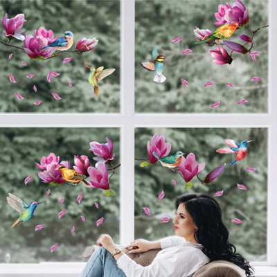 Pink Magnolia Flowers with Birds Spring Window Clings