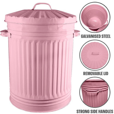 Pink Metal Bin Retro Dustbin Waste Rubbish Bin Rubbish Waste Animal Feed Outdoor or Indoor Bin, Pink Bin 45L