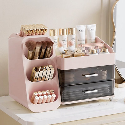 Pink Modern Multi-Compartment Cosmetic Storage Organiser with 2 Drawers ...