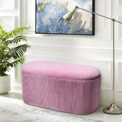 Pink Modern Oval Velvet Upholstery Pleated Storage Ottoman