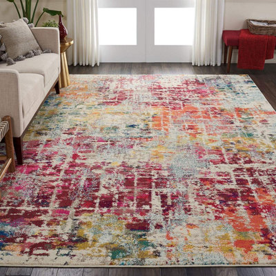 Pink/Multi Modern Easy to Clean Abstract Graphics Rug For Dining Room-122cm X 122cm