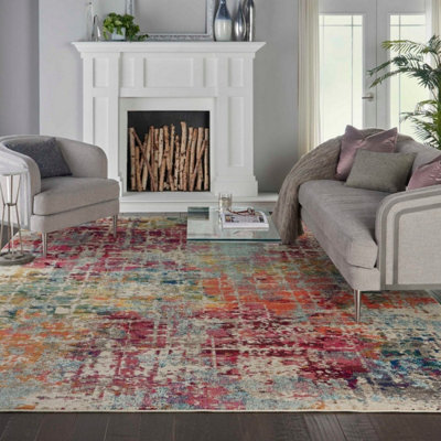 Pink/Multi Modern Easy to Clean Abstract Graphics Rug For Dining Room-160cm X 221cm