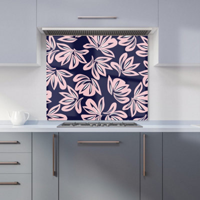 Pink Navy Floral Botanical Pattern Premium Glass Kitchen Splashback W600mm x H750mm