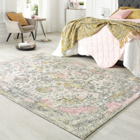 Pink Ochre Traditional Bordered Floral  Easy to clean Rug for Dining Room, Bed Room, and Living Room-120cm X 170cm