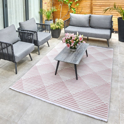 Pink Outdoor Rug, Geometric Striped Stain-Resistant Rug For Patio Decks, 3mm Modern Outdoor Area Rug-160cm X 220cm