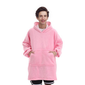 Pink Oversized Sherpa Flannel Hoodie Blanket with Front Pocket