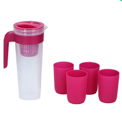 Pink Plastic Jug Pitcher Set 1Litre Coloured Lid with 4x Cups For Water Fridge Picnic