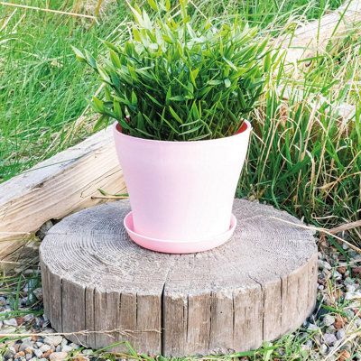 Pink Plastic Plant Pot - Weatherproof Colourful Home or Garden Planter with Drainage Holes & Saucer - H13 x 10cm Diameter