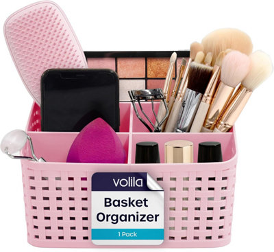 Pink Plastic Storage Basket 5-Grid Multi-Function Vanity Organizer for Makeup, Skincare, Toiletries, Bathroom & Bedroom Use