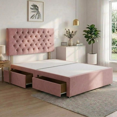 Pink Plush Fabric 4FT Small Double Bed Frame with 20 Inch Chesterfiled ...