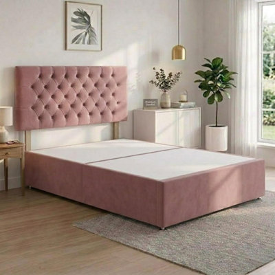 Pink Plush Fabric 4FT Small Double Bed Frame with 20 Inch Chesterfiled ...