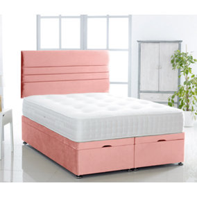 Pink Plush Foot Lift Ottoman Bed With Memory Spring Mattress And    Horizontal   Headboard 4FT6 Double