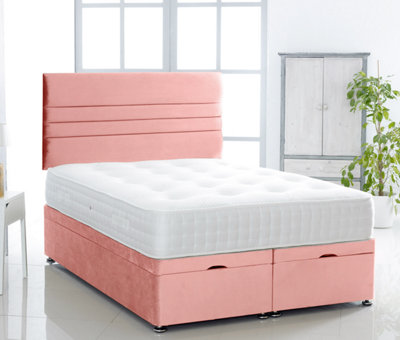 Pink Plush Foot Lift Ottoman Bed With Memory Spring Mattress And    Horizontal  Headboard 5.0FT King Size