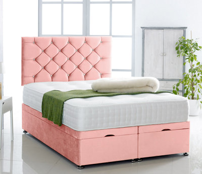 Pink Plush Foot Lift Ottoman Bed With Memory Spring Mattress And Studded Headboard 2FT6 Small Single