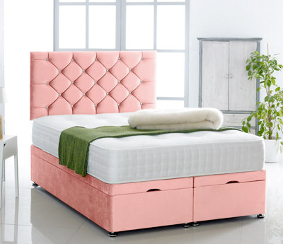 Pink Plush Foot Lift Ottoman Bed With Memory Spring Mattress And   Studded   Headboard 4.0FT Small Double