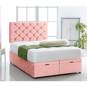 Pink Plush Foot Lift Ottoman Bed With Memory Spring Mattress And    Studded    Headboard 4FT6 Double