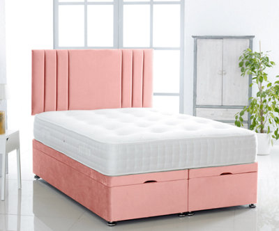 Pink Plush Foot Lift Ottoman Bed With Memory Spring Mattress And   Vertical Headboard 3FT Single