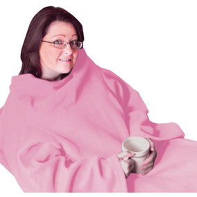 Pink Polyester Fleece Blanket with Oversized Sleeves - Machine Washable