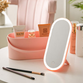 Pink Portable Tabletop Vanity Travel Makeup Box Cosmetics Storage with Touch Control LED Mirror
