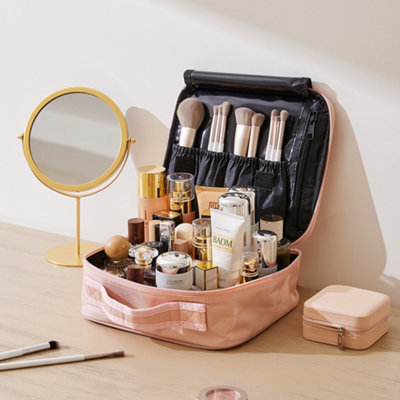 Pink Portable Waterproof Zippered Cosmetic Organizer Case Travel Makeup Bag