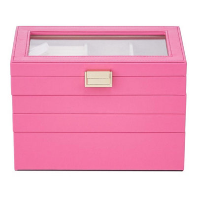 Pink PU Leather and Velvet Lining Elegant Four-Layer Stackable Jewellery Box with Transparent Lid