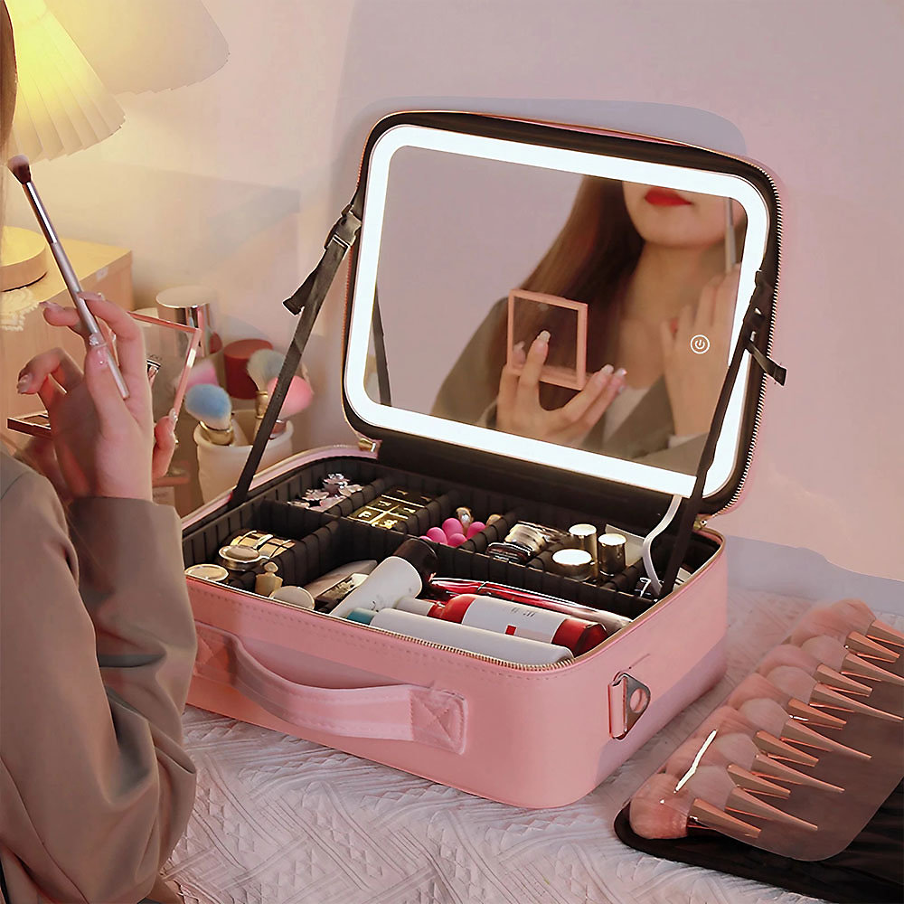 Pink PU Leather Large Portable Zipped Case Travel Makeup Bag with LED Mirror Dimmable Pink PU Leather Large Portable Zipped Case Travel Makeup Bag with LED Mirror Dimmable