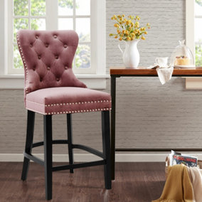 Pink Pull Buckle Copper Nail Velvet Luxury Bar Stool Chair with Footrest