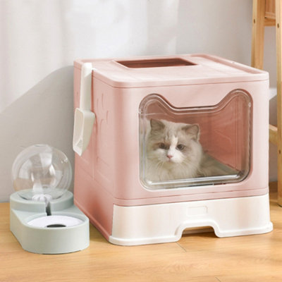 Pink Rectangle Top Entry Plastic Folding Cat Litter Box with Litter Shovel