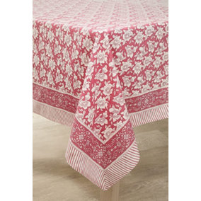 Pink Rectangular Cotton Tablecloth - Machine Washable Indian Hand Printed Floral Design Table Cover - Measures 178 x 132cm