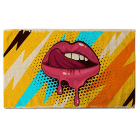 Pink, red lips, mouth and tongue icon on pop art retro vintage colorful background (Bath Towel) / Default Title