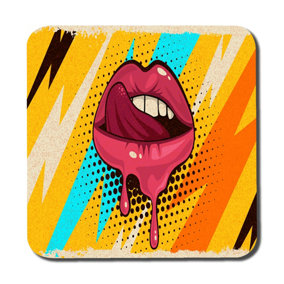 Pink, red lips, mouth and tongue icon on pop art retro vintage colorful background (Coaster) / Default Title
