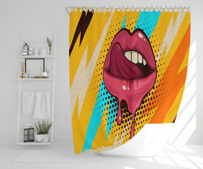 Pink, red lips, mouth and tongue icon on pop art retro vintage colorful background (Shower Curtain) / Default Title Price Comparisons | Compare The Build