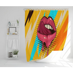 Pink, red lips, mouth and tongue icon on pop art retro vintage colorful background (Shower Curtain) / Default Title