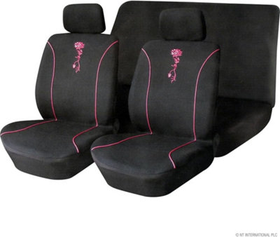 Pink Rose Style Universal Full Car Seat Cover Set Black Washable