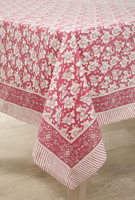 Pink Round Cotton Tablecloth - Machine Washable Indian Hand Printed Floral Design Table Cover - Measures 178cm Diameter