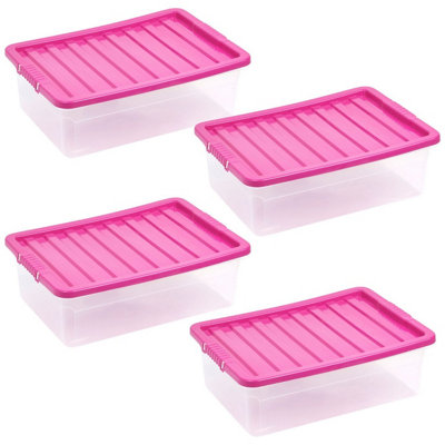 Pink, Set of 4 - 28L Plastic Storage Boxes With Coloured Clip Lid ...