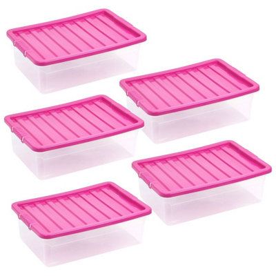 Pink, Set of 5 - 28L Plastic Storage Boxes With Coloured Clip Lid ...