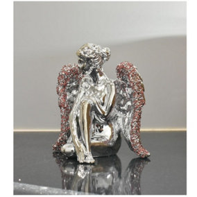 Pink Sitting Angel With Wide Wings Crushed Ornament Sparkle Diamond