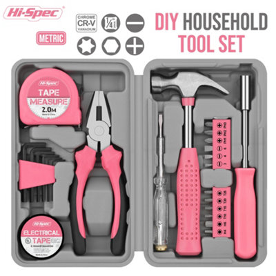 Pink Small Mini DIY Household Tools Kit Set 24 Pc With Tool Box Hi Spec