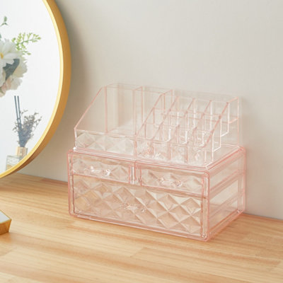 Pink Stackable 3 Tier Makeup Holder Drawer Set Organize Cosmetics and Beauty Supplies