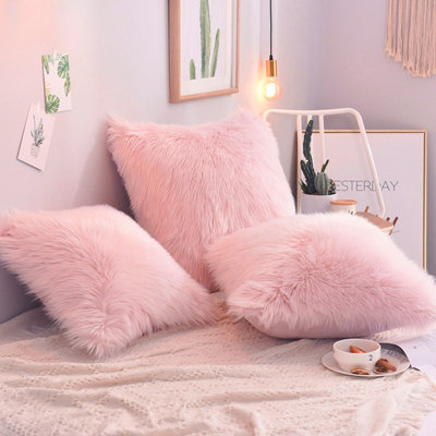 Pink Super Soft Fluffy Faux Fur Shaggy Pillow Cases Cute Decorative Throw Pillow with Zipper Closure 45cm x 45cm