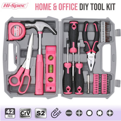 Pink Tool Kit 42 Pcs with Hammer, Screwdriver, Plier DIY Hi-Spec