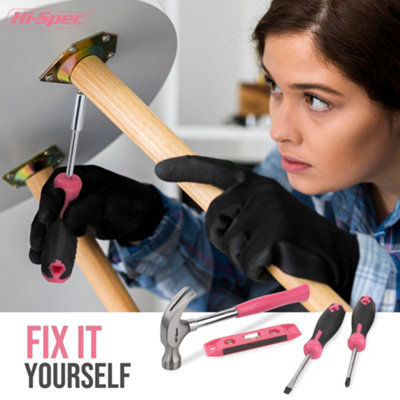 Pink Tool Kit 42 Pcs with Hammer, Screwdriver, Plier DIY Hi-Spec