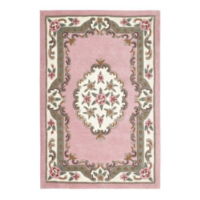 Pink Traditional Wool Rug, 25mm Thickness Floral Handmade Rug, Pink Rug for Living Room, & Dining Room-120cm (Circle)