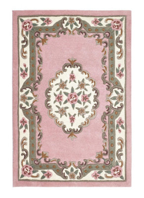 Pink Traditional Wool Rug, 25mm Thickness Floral Handmade Rug, Pink Rug for Living Room, & Dining Room-67cm X 127cm (Halfmoon)